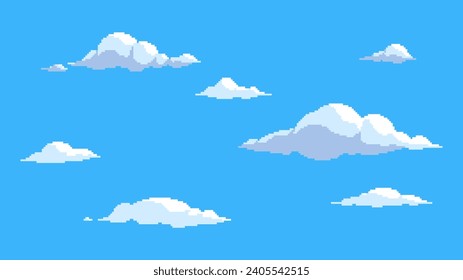 Pixel cloud set. Flying clouds on blue sky. 8-bit sky, retro style cloudy scene. 16 bit video game elements vector collection.