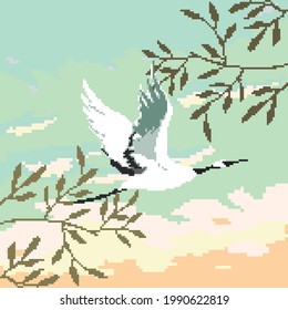 Pixel cloud, tree, crane bird. Pixel art 8 bit vector illustration