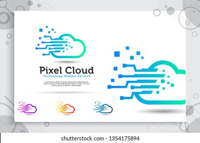 Pixel cloud vector logo with simple and modern style concept, illustration pixel and cloud as a symbol icon of technology digital corporate or software template