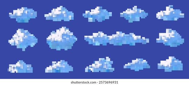 Pixel cloud vector set with 8bit icons of sky shapes. Blue and white cartoon art for games, weather, or digital design.