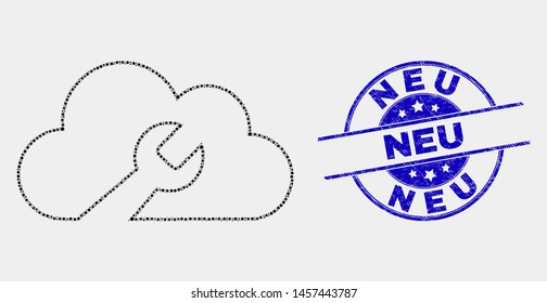 Pixel cloud wrench mosaic pictogram and Neu seal stamp. Blue vector rounded distress seal with Neu title. Vector composition in flat style. Black isolated cloud wrench mosaic of scattered spheres,