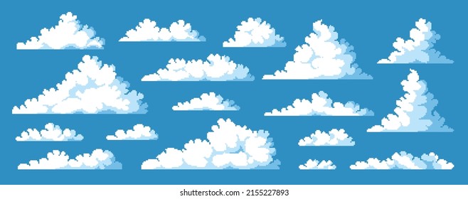 Pixel clouds. 8 bit game asset collection, videogame background environment element, cartoon heaven blue sky. Vector interface concept art. Illustration of cloudy sky pixel