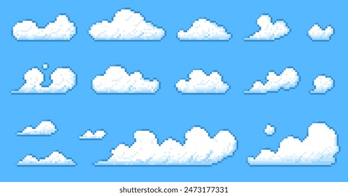 Pixel clouds. Retro 8 bit flying fluffy white clouds, 16 bit sky heaven background with cartoon meteorology elements. Vector game asset set