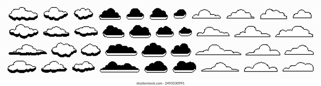 Pixel clouds. Retro 8 bit blue sky aerial cloud pixel art. Digital clouds pixel art icon set. Flying white computer clouds on blue sky.
