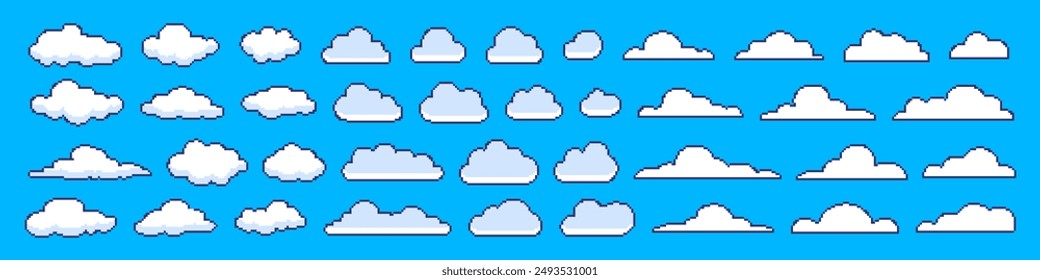 Pixel-Wolken. Retro 8 Bit Blue Sky Luftaufnahmen Cloud Pixel Art. Digital Clouds Pixel Art Icon Set. Fliegende weiße Computerwolken am blauen Himmel.