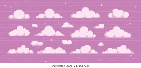 Pixel clouds set. Beautiful white clouds of various shapes float across sky. Design elements for video games, social networks and logos. Cartoon flat vector collection isolated on pink background