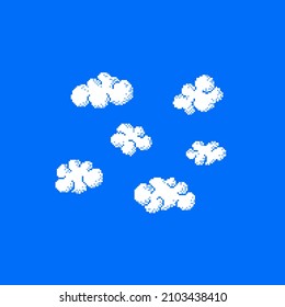Pixel clouds. Set of different clouds isolated on blue background.