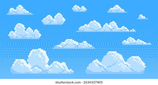 Pixel clouds set for game background - fluffy cumulus cloudscape in 8 bit style. Cartoon sky elements, retro gaming sprites, pixelated aerial landscape assets. Decorative nostalgic pixelart designs.