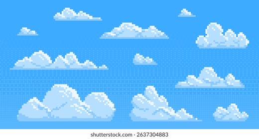 Pixel clouds set for game background - fluffy cumulus cloudscape in 8 bit style. Cartoon sky elements, retro gaming sprites, pixelated aerial landscape assets. Decorative nostalgic pixelart designs.