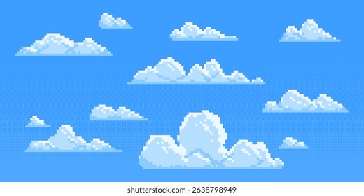 Pixel clouds set for game background - fluffy cumulus cloudscape in 8 bit style. Cartoon sky elements, retro gaming sprites, pixelated aerial landscape assets. Decorative nostalgic pixelart designs.
