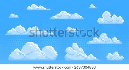 Pixel clouds set for game background - fluffy cumulus cloudscape in 8 bit style. Cartoon sky elements, retro gaming sprites, pixelated aerial landscape assets. Decorative nostalgic pixelart designs.