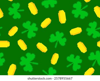 Pixel clover leaves and golden coins seamless pattern for St. Patrick's Day. Shamrock pixel art in 8-bit retro style from 80s - 90s. Design for banner and poster. Vector illustration