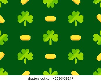 Pixel clover leaves and golden coins seamless pattern for St. Patrick's Day. Shamrock pixel art in 8-bit retro style from 80s - 90s. Design for banner and poster. Vector illustration