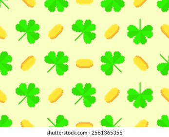 Pixel clover leaves and golden coins seamless pattern for St. Patrick's Day. Shamrock pixel art in 8-bit retro style from 80s - 90s. Design for banner and poster. Vector illustration