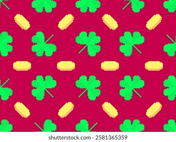 Pixel clover leaves and golden coins seamless pattern for St. Patrick's Day. Shamrock pixel art in 8-bit retro style from 80s - 90s. Design for banner and poster. Vector illustration