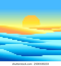 Pixel Küste, Sandstrand und Küste. Sonnenuntergang am Strand im Stil von 8-Bit-Retro-Grafiken der 80er und 90er Jahre. Sanddünen, Meer und Sonne im Pixel-Art-Stil. Vektorgrafik