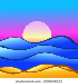 Pixel coastline, sandy beach and shore. Sunset on the beach in the style of 8-bit retro graphics of the 80s and 90s. Sand dunes, sea and sun in pixel art style. Vector illustration