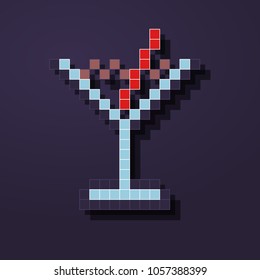 Pixel cocktail. 8-bit night martini cocktail. Isolated retro icon with shadow.