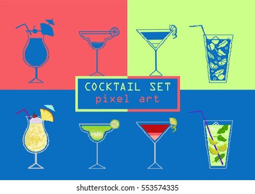 Pixel cocktail set icons with pinacolada, margarita, cosmopolitan and mojito cocktails. Two variants. Multicolored and monochrome.