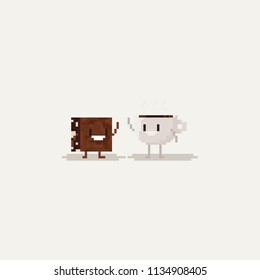 Pixel coffee and brownie character hands up.friendship day.8bit character.