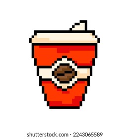 Icono de café de píxeles, café de 8 bits. Ilustración de vectores de arte de píxeles aislados en fondo blanco.