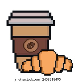 Pixel coffee icon with croissant. Trendy retro pixel art design style. 80s-90s, digital vintage game style. Vintage game assets 8-bit sprite. 