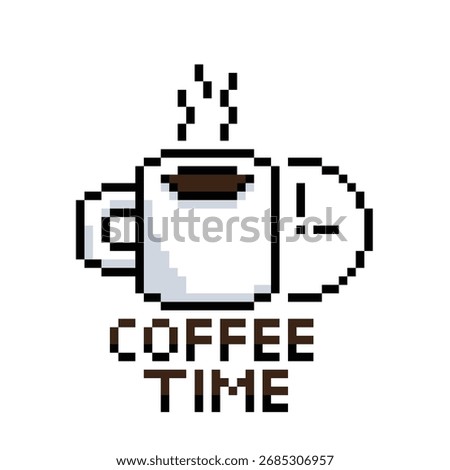  pixel coffee time sign, time for break 8 bit icon vector. time for coffee logo