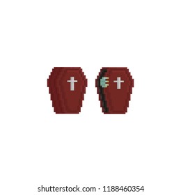 Pixel coffin with zombie hand.halloween.8bit.