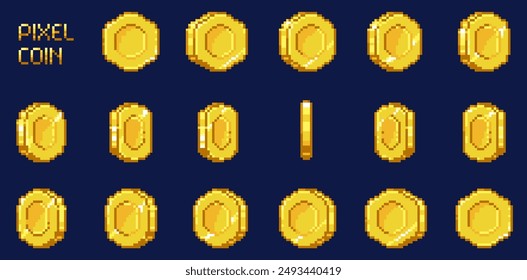 Pixel coin animation sprite. Retro 8 bit game money golden coins and bonus objects, 2d arcade video game asset. Vector golden money and pixel gold coin collection