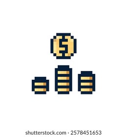 Pixel coin icon vector. Gold cent coin logo. Dollar sign on coin. 8 bit coin icon. Coins in pixel 16 bit style 80s.