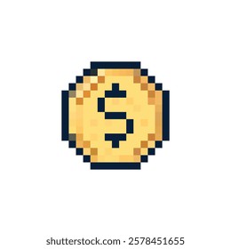 Pixel coin icon vector. Gold cent coin logo. Dollar sign on coin. 8 bit coin icon. Coins in pixel 16 bit style 80s.