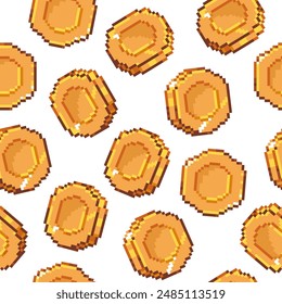 Pixel coin seamless pattern. Retro 8 bit golden coins arcade game background, old video game graphic element. Vector pixelated background with 80s old school style gold coins