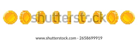 pixel coin with view from different sides for animation. Animation footage of a gold coin. 8-bit Retro video game style. Vector illustration