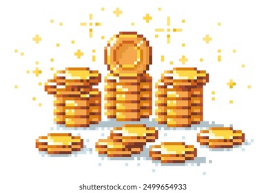 Pixel coins stack. Retro 8 bit video game golden coin pile, 2D sprite asset for arcade game design. Vector isolated collection of money heap. Investment, banking and fortune, prize gambling concept.