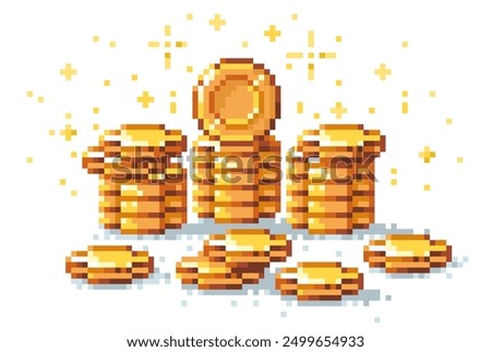 Pixel coins stack. Retro 8 bit video game golden coin pile, 2D sprite asset for arcade game design. Vector isolated collection of money heap. Investment, banking and fortune, prize gambling concept.