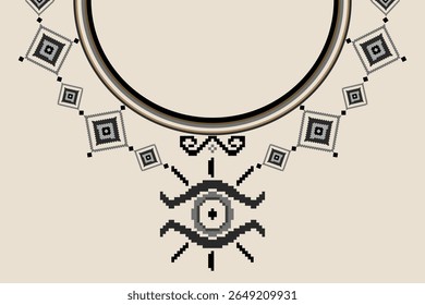 Pixel collar design featuring an eye talisman motif with geometric diamond elements. Ideal for mystical-inspired apparel, embroidery, or cultural textile patterns.