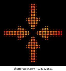 Pixel collide arrows icon. Bright pictogram in fire orange color hues on a black background. Vector halftone composition of collide arrows icon composed of round dots.