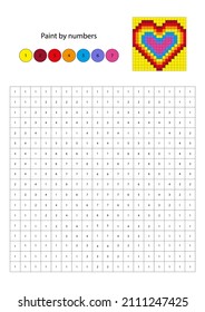 Pixel Color by numbers. Coloring page with colorful heart. Educational game for preschool children, drawing kids activity. Paint by number.