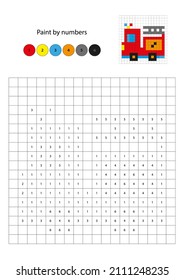Pixel Color by numbers. Pixel paint by number. Coloring page with fire engine. Educational game for preschool children, drawing kids activity. Transportation