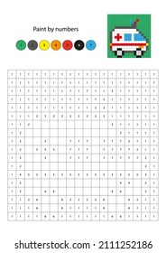 Pintura de píxeles por número. Colorando la página con una ambulancia. Juego educativo para niños de preescolar, actividad de dibujo infantil. Transporte