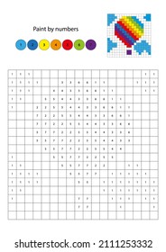 Pixel Color by numbers. Pixel paint by number. Coloring page with balloon. Educational game for preschool children, drawing kids activity. Aircraft type, transport.