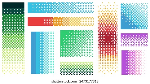 Pixel color gradient. Retro 80s 90s colorful mosaic grid, geometric digital rainbow background with random rainbow shapes. Vector texture