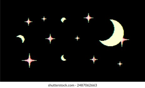 Pixel Color Leaked Moon and Stars Blinking on Black Background
