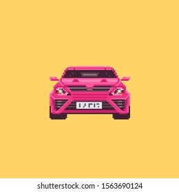 Pixel colored car isolated on a yellow background. For games and mobile applications. 90s and 8 bit style vector illustration.