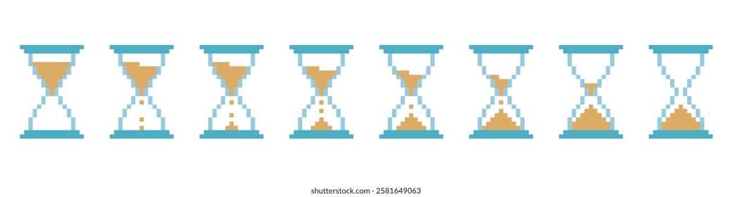 Pixel colored hourglass icon set. Vintage timer with sand animation for time and countdown to measure minutes and seconds interface