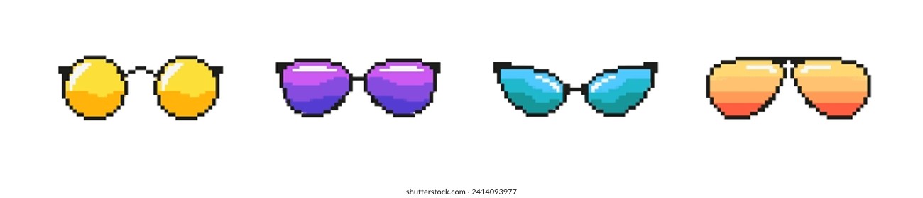 Pixel colored sunglasses set. Stylish purple optical accessories for yellow everyday wear and sun protection with geometric vector shaped lenses