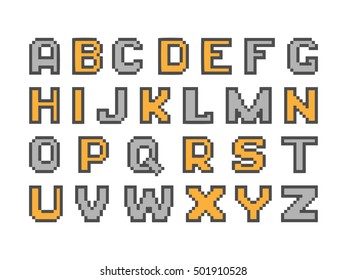 Pixel colorful alphabet letters on white background.