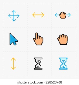 Pixel colorful cursors icons on white.Vector Illustration.