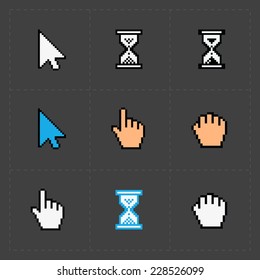 Pixel colorful cursors icons on black.Vector Illustration.