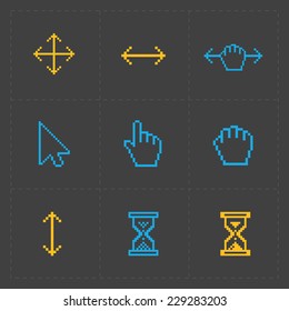 Pixel colorful cursors icons on black.Vector Illustration.